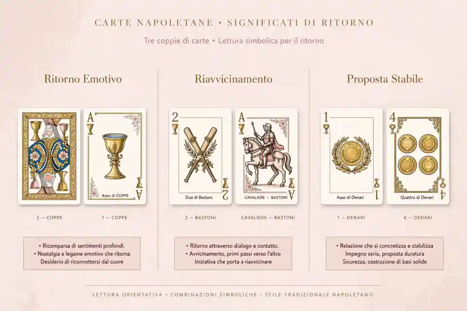 Infografica carte napoletane con 3 abbinamenti che indicano ritorno in amore