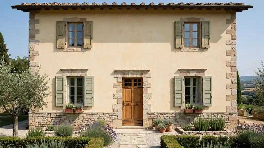 Villa tradizionale casa gialla con pietra a vista di Credaro Casa gialla con pietra a vista di Credaro tradizionale ristrutturata con persiane verdi salvia