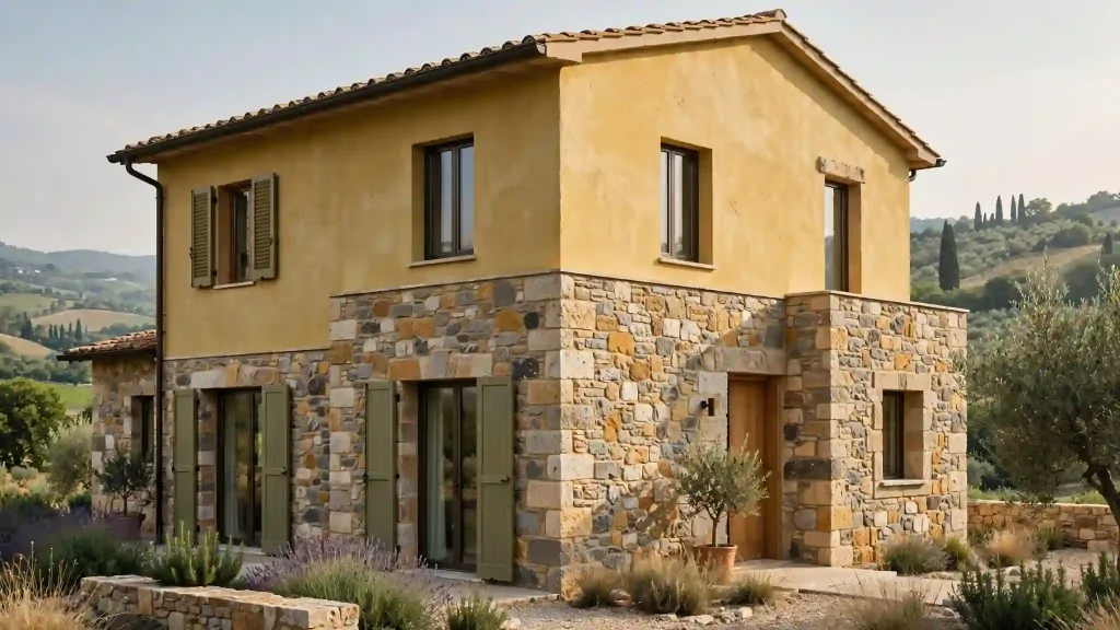 Casa indipendente casa gialla con pietra a vista Langa e tufo Casa gialla con pietra a vista in Pietra di Langa e tufo color giallo miele e ocra