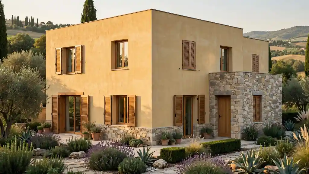Casa gialla con pietra a vista - modello contemporaneo toscano Casa gialla con pietra a vista beige grigio in stile contemporaneo con serramenti in legno