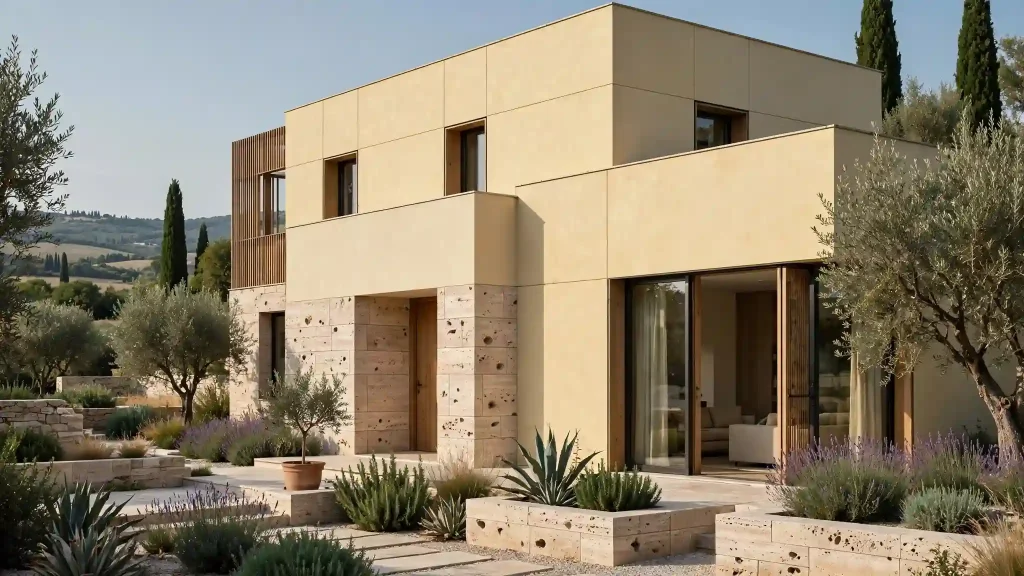 Villa luxury casa gialla con pietra a vista travertino Elegante casa gialla con pietra a vista in travertino beige chiaro e facciata giallo vaniglia