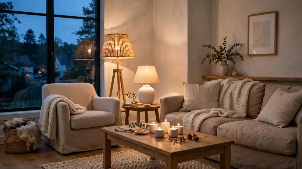 Soggiorno hygge al crepuscolo con candele accese e luce calda Soggiorno hygge al crepuscolo con luce calda di candele e lampade, divano in lino, poltrona bouclé e dettagli in legno e rattan.
