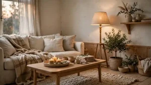 Soggiorno in stile casa hygge con divano crema, plaid in lana, tavolino in rovere, candele accese e luce calda del tardo pomeriggio