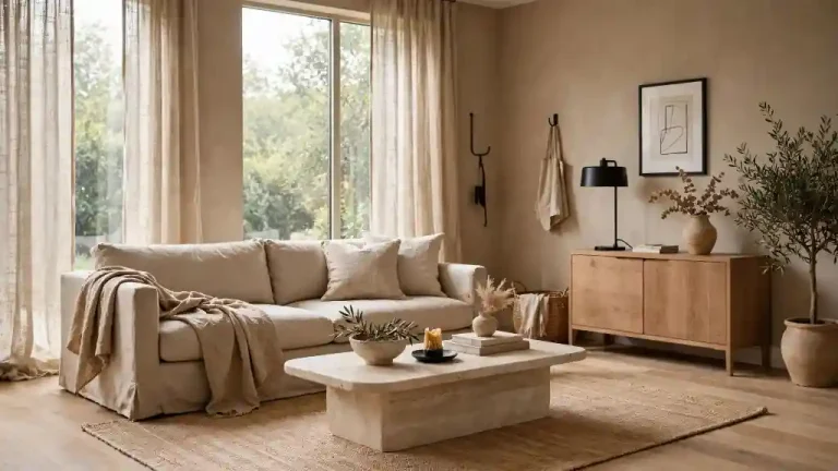 Soggiorno contemporaneo con pareti color greige sabbia, divano sfoderabile in lino naturale, pavimento in rovere chiaro a spina di pesce e tappeto in juta