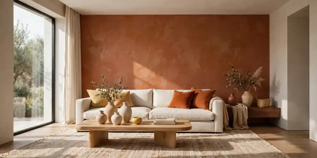 Colori caldi per le pareti - Soggiorno con parete terracotta e abbinamenti ocra e ruggine - Copertina TotalDesign Soggiorno elegante con grande parete d'accento color terracotta, esempio perfetto di colori caldi con divano avorio, cuscini ocra e ruggine e dettagli in legno naturale
