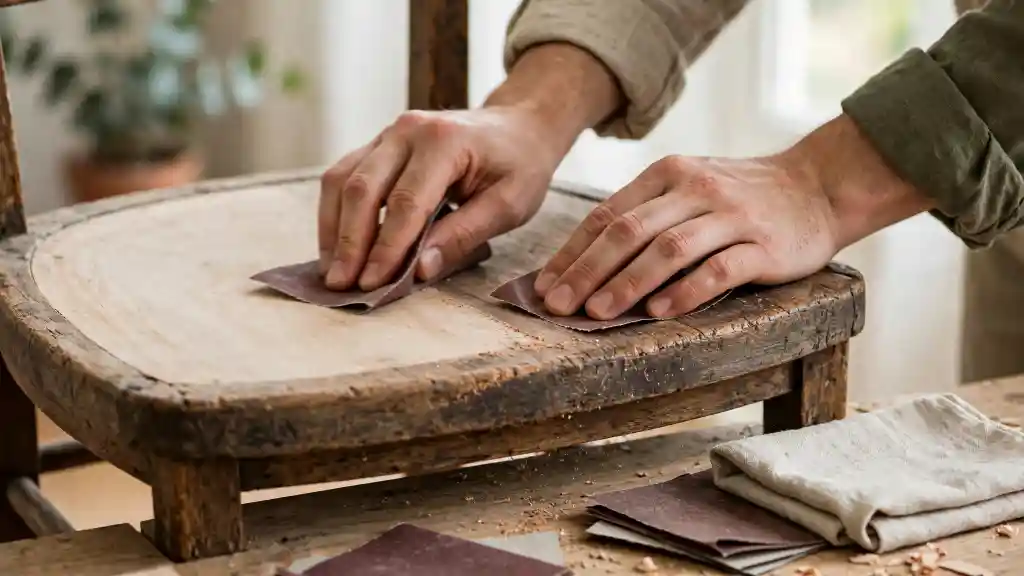 Mani che carteggiano la seduta di una vecchia sedia di legno, fase iniziale per capire come dipingere una sedia di legno
