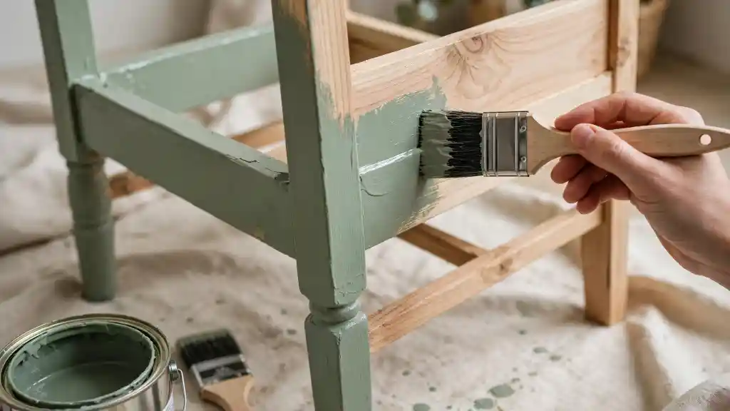 Mano che dipinge di verde salvia la struttura in legno, passaggio centrale di come dipingere una sedia di legno