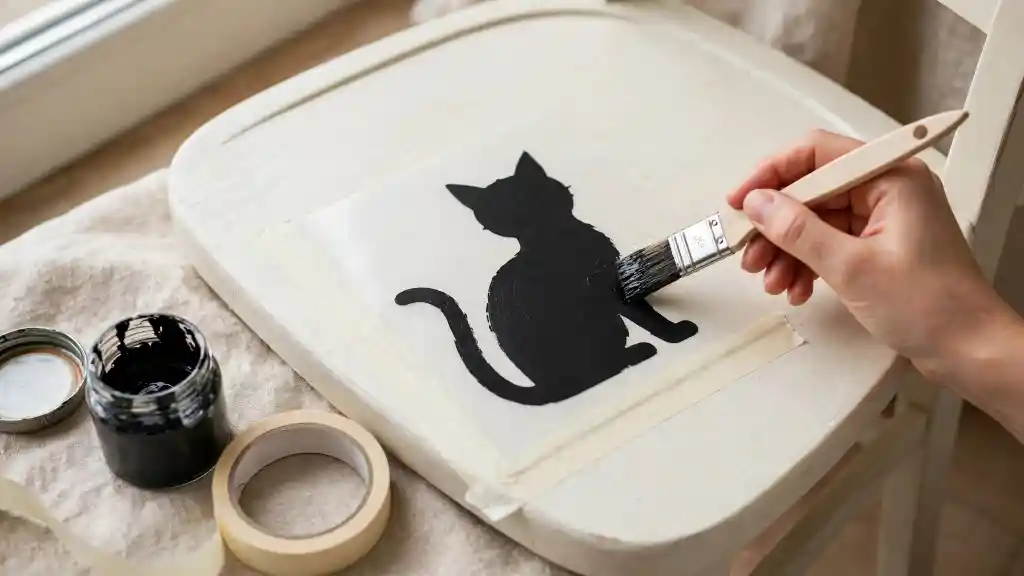 Mano che dipinge sagoma di gatto nero con stencil sulla seduta bianca, idea decorativa per come dipingere una sedia di legno