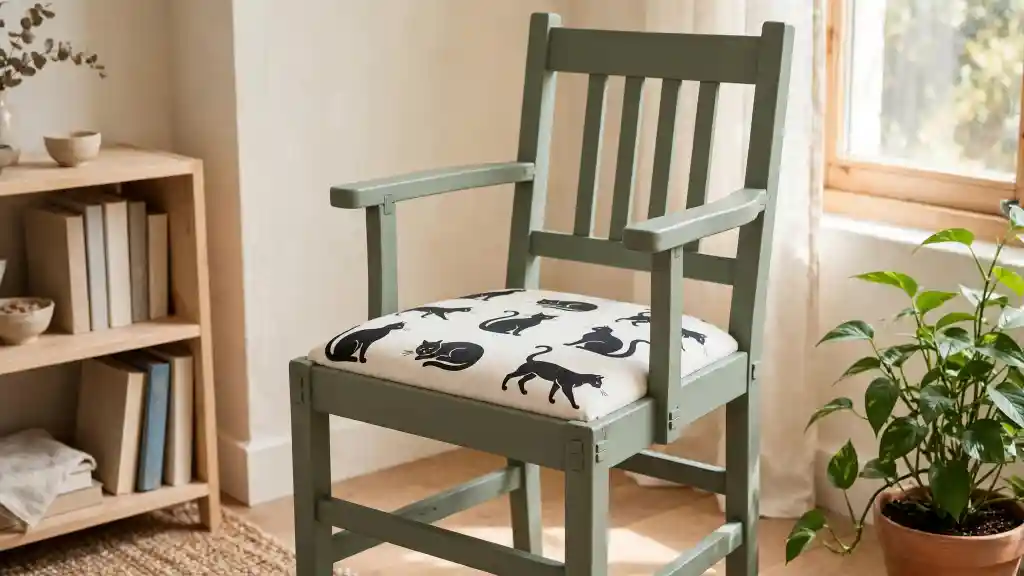 Sedia restaurata verde salvia con seduta a gatti neri posizionata in angolo luminoso con libreria, esempio finale di come dipingere una sedia di legno