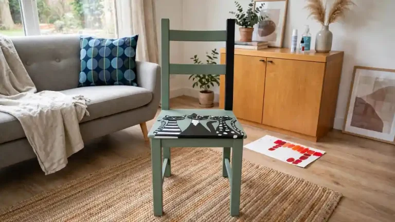 Sedia in legno dipinta di verde salvia con tre gatti stilizzati neri sulla seduta, esempio creativo su come dipingere una sedia di legno