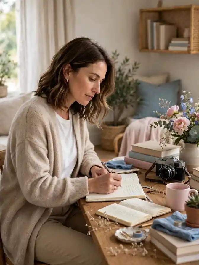 Donna adulta in un angolo creativo di casa mentre scrive nel taccuino, con libri, macchina fotografica, fiori e tazza rosa - outfit casual chic con cardigan morbido, idea su come essere più femminile