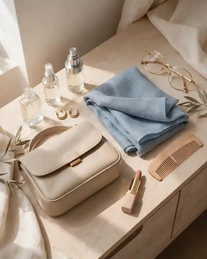 Still life di dettagli femminili contemporanei su consolle in legno chiaro: orecchini dorati, profumo, borsa in pelle beige, foulard blu, rossetto naturale, pettine e occhiali - come essere più femminile con stile
