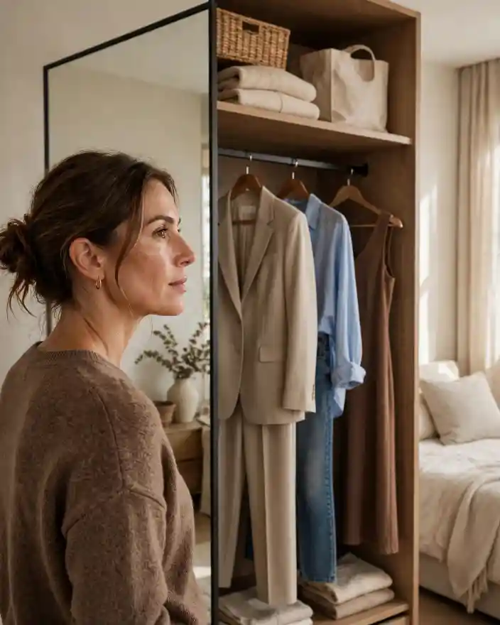 Donna adulta davanti allo specchio che sceglie tra tre look femminili non stereotipati: completo sartoriale beige, jeans con camicia e abito midi minimal - come essere più femminile