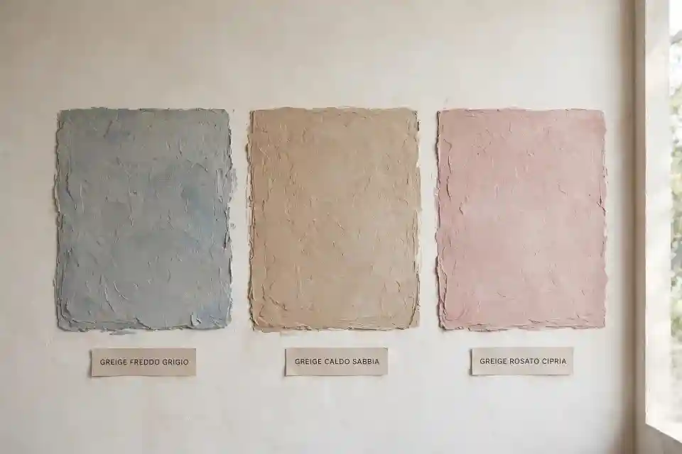 Confronto greige freddo, caldo e rosato - campioni materici su parete Confronto materico di tre campioni di pittura su parete: greige freddo grigio, greige caldo sabbia e greige rosato cipria