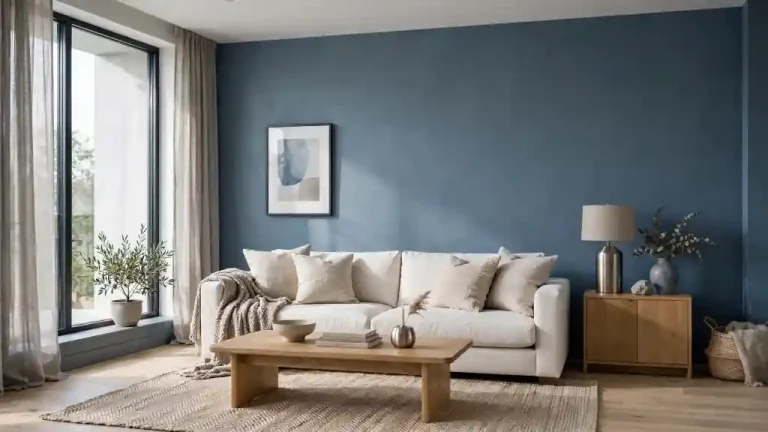 Soggiorno contemporaneo con parete azzurro acciaio, divano avorio e tavolino in rovere