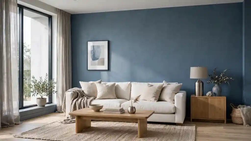 Soggiorno contemporaneo con parete azzurro acciaio, divano avorio e tavolino in rovere