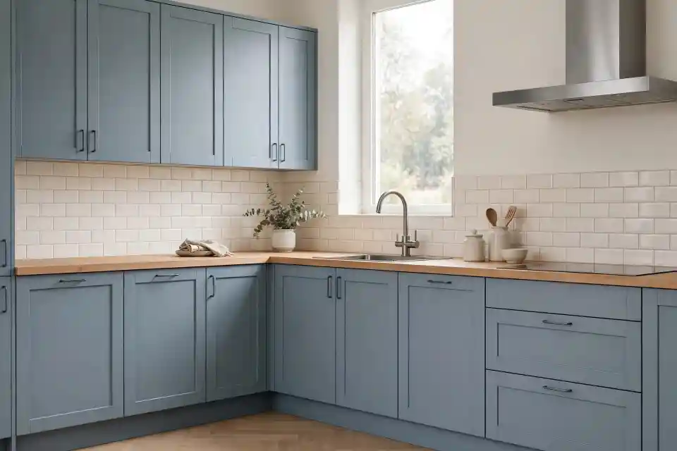 Cucina moderna con ante azzurro ghiaccio e piano in rovere chiaro