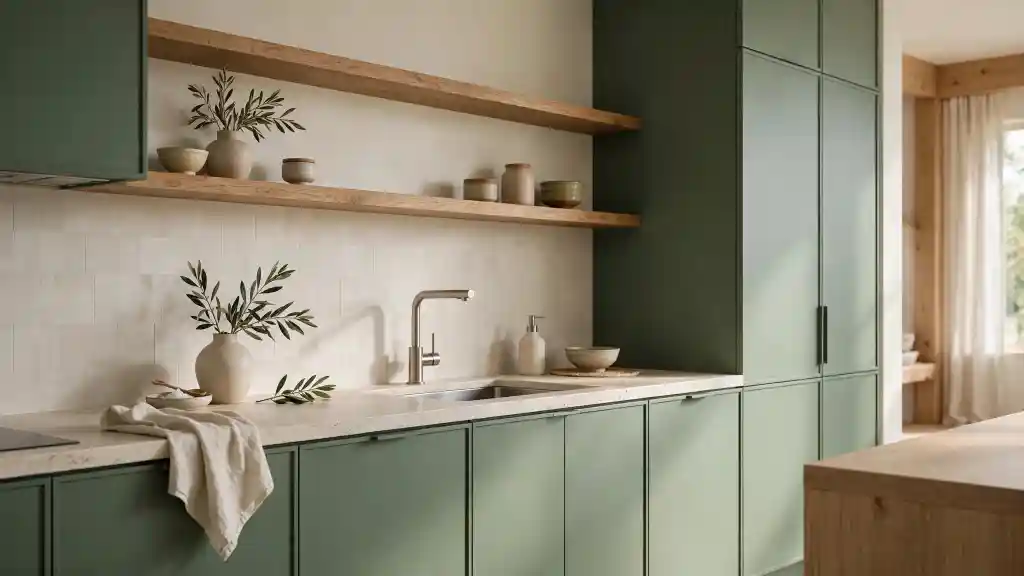 Cucina moderna naturale con ante verde tè e dettagli in ceramica Cucina contemporanea con ante opache verde tè, piano in pietra chiara e mensole in rovere