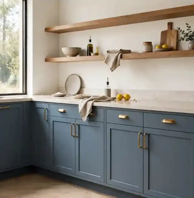 Cucina contemporanea con ante in azzurro acciaio, top bianco e mensole in rovere