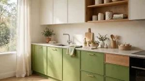 Cucina contemporanea luminosa con mobili inferiori verde assenzio brillante, pensili bianco avorio, piano di lavoro in pietra chiara, dettagli in rovere naturale e rubinetteria in acciaio satinato, luce naturale laterale