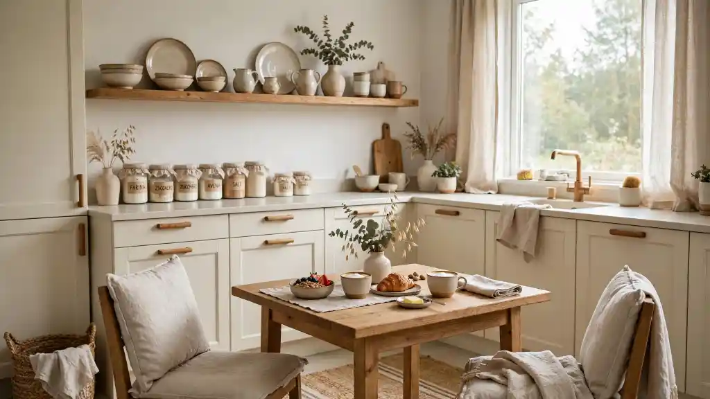 Cucina hygge luminosa con legno chiaro e tavola per la colazione Cucina in stile hygge luminosa con mobili bianchi, scaffale in legno chiaro con ceramiche e barattoli, tavolino in legno con colazione, croissant, caffè e ramo di eucalipto
