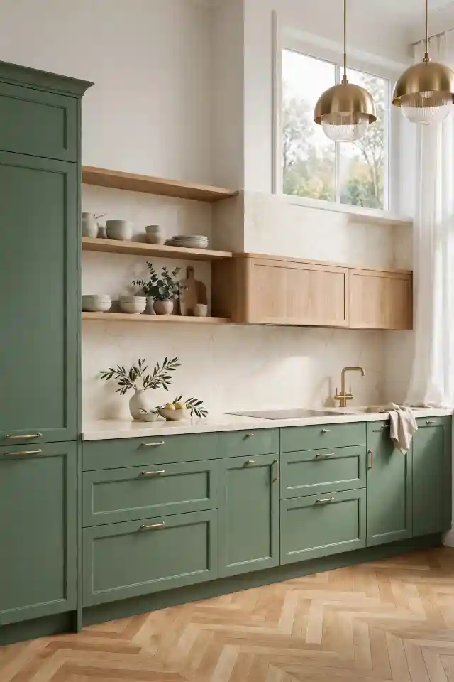 Cucina con Ante Verde Giada e Dettagli in Rovere Cucina contemporanea con ante verde giada, ripiani in rovere naturale, top in pietra avorio e maniglie in ottone