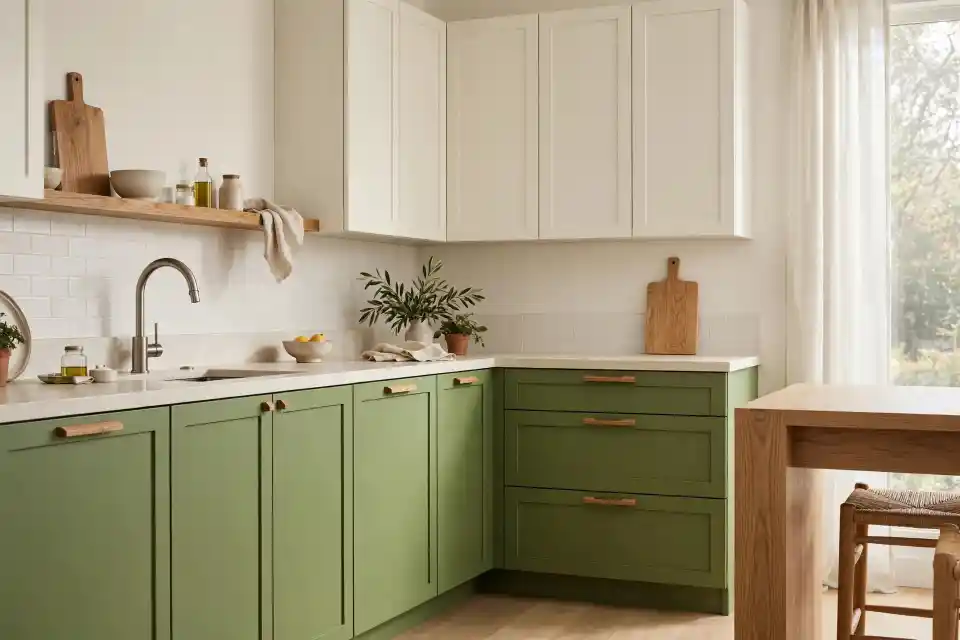 Cucina moderna verde assenzio con pensili avorio e dettagli in rovere Cucina moderna fotorealistica con ante inferiori verde assenzio giallo-verde, pensili avorio, piano in pietra chiara, dettagli in rovere naturale, rubinetto in acciaio satinato e luce naturale diffusa