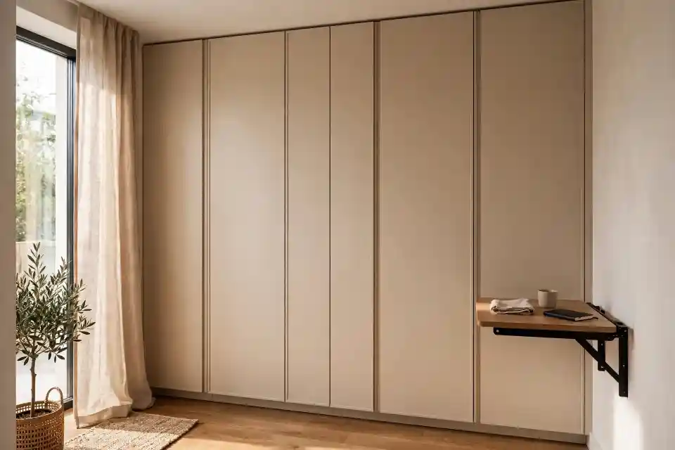 Parete con cucina a scomparsa chiusa e invisibile Parete attrezzata tono su tono beige con cucina a scomparsa chiusa dietro ante lisce opache, pavimento in legno chiaro e pianta di ulivo vicino a finestra con tenda in lino