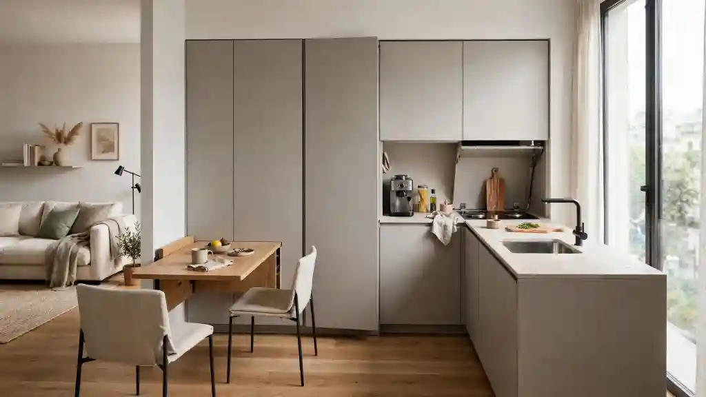 Cucina monoblocco compatta in monolocale di 30 mq Monolocale di 30 mq con cucina monoblocco tortora a vista, top in pietra chiara, tavolo pieghevole in rovere, divano bouclé chiaro e pavimento in legno naturale illuminato da grande finestra