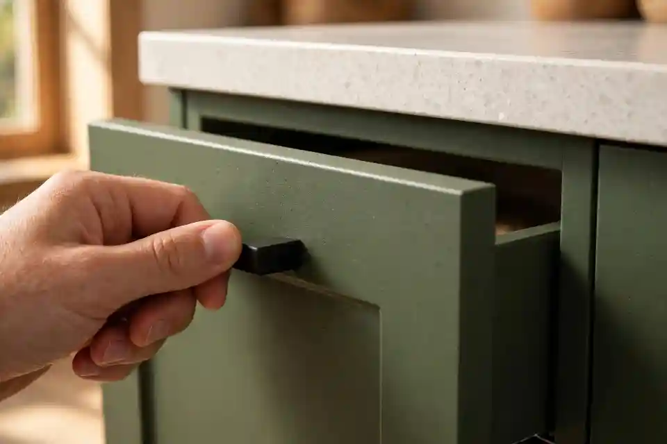 Dettaglio finitura opaca cucina verde militare RAL 6022 Dettaglio cucina verde militare RAL 6022 finitura opaca con mano che apre cassetto con maniglia nera opaca e top in quarzo chiaro