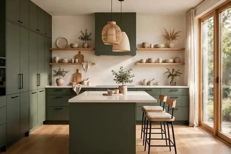 Cucina verde militare moderna opaca con isola centrale, colonne alte, mensole rovere chiaro e top bianco caldo