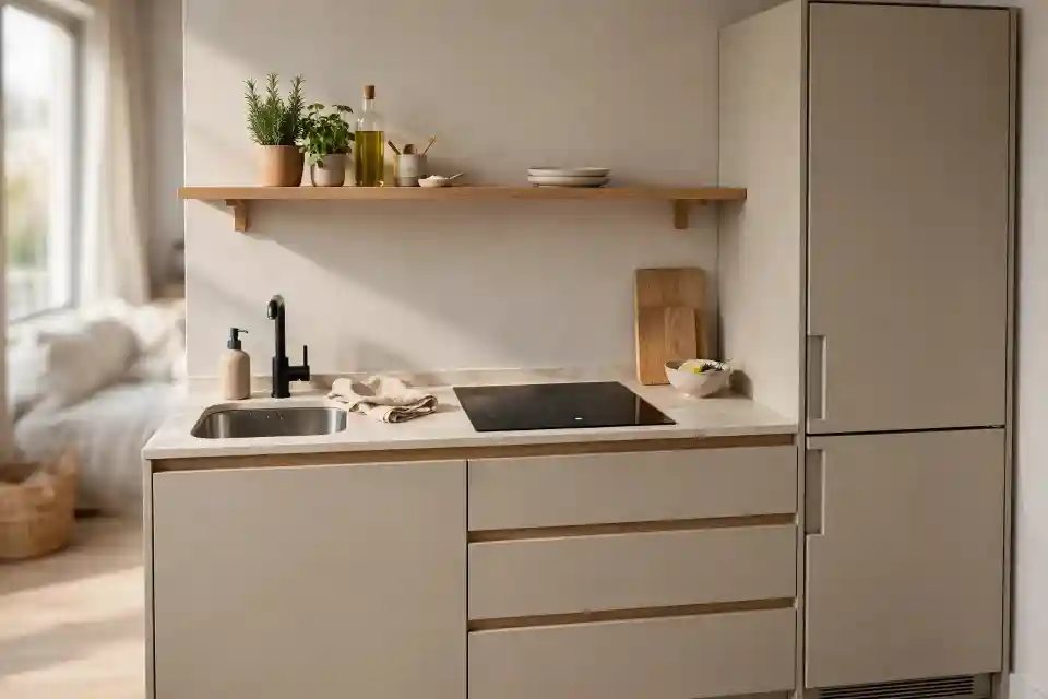 Dettaglio cucina monoblocco con lavello e piano cottura Dettaglio piano lavoro di cucina monoblocco compatta con lavello in acciaio, piano cottura a induzione a due fuochi, cassetti greige con profili in rovere e mensola in legno con erbe aromatiche