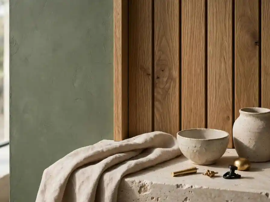 Dettaglio materiali parete verde canna RAL 6013 con rovere naturale, lino beige e ceramiche Dettaglio materico con parete verde canna RAL 6013 accanto a pannellatura in rovere naturale, tessuto in lino beige su superficie in pietra chiara, ceramiche artigianali e piccoli dettagli in ottone satinato e metallo nero