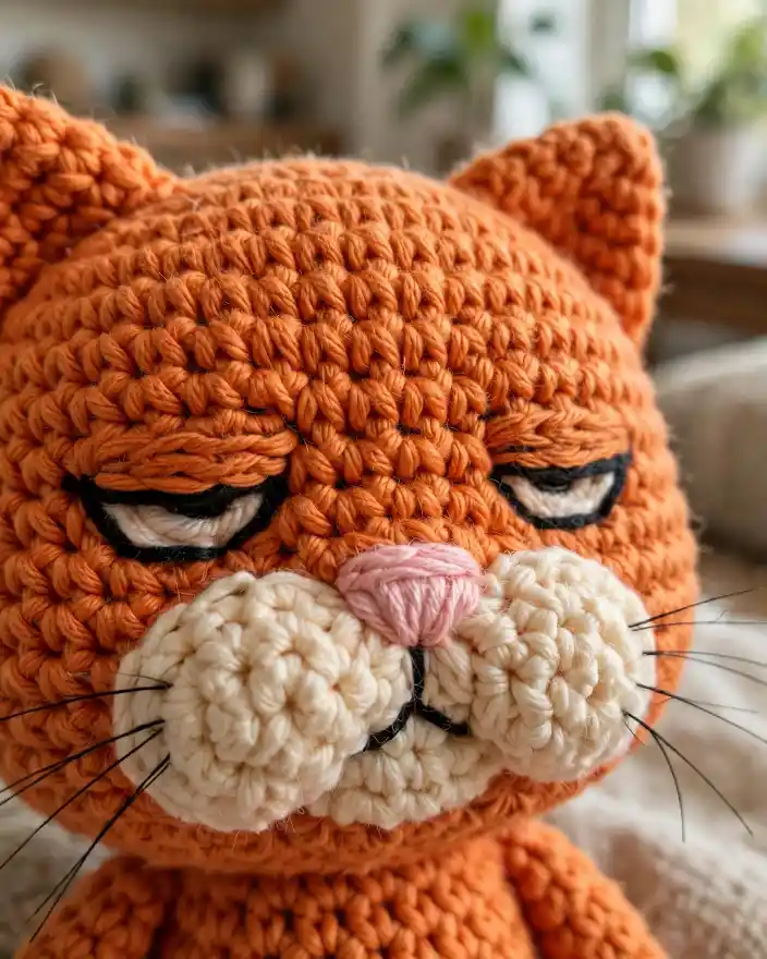 Dettaglio volto gatto amigurumi all'uncinetto Macro del volto di un gatto amigurumi all'uncinetto con occhi semichiusi e musetto crema