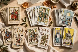 Confronto visivo tra tre mazzi di carte su tavolo in legno chiaro: carte napoletane con Re di Denari e Fante di Spade, carte siciliane con Re di Coppe Sicilia e tarocchi tradizionali con La Luna e Le Magicien, differenze nei semi e nelle illustrazioni