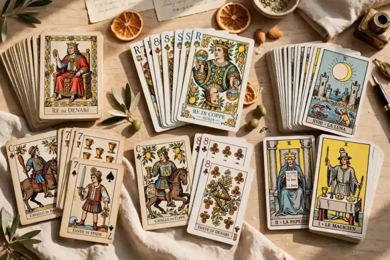 Confronto visivo tra tre mazzi di carte su tavolo in legno chiaro: carte napoletane con Re di Denari e Fante di Spade, carte siciliane con Re di Coppe Sicilia e tarocchi tradizionali con La Luna e Le Magicien, differenze nei semi e nelle illustrazioni