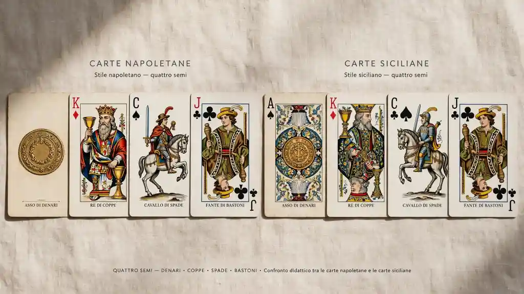 Differenza carte napoletane e siciliane - confronto semi Denari Coppe Spade Bastoni Differenza tra carte napoletane e tarocchi spiegata con confronto visivo tra carte napoletane e carte siciliane - quattro semi Denari Coppe Spade Bastoni con Asso di Denari, Re di Coppe, Cavallo di Spade e Fante di Bastoni in stile napoletano e siciliano