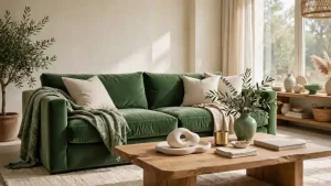 Interno editoriale di lusso con divano in velluto verde giada, tavolo scultoreo in rovere e pareti color avorio