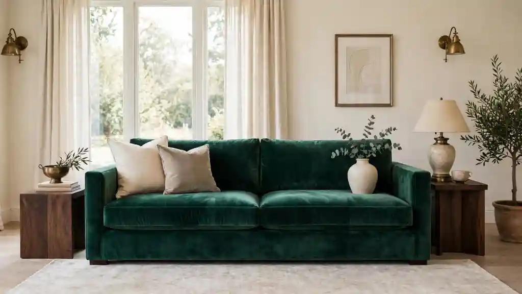 Luxurious emerald green velvet sofa with beige pillows in bright living room, large windows, wooden side tables, table lamp and framed wall art