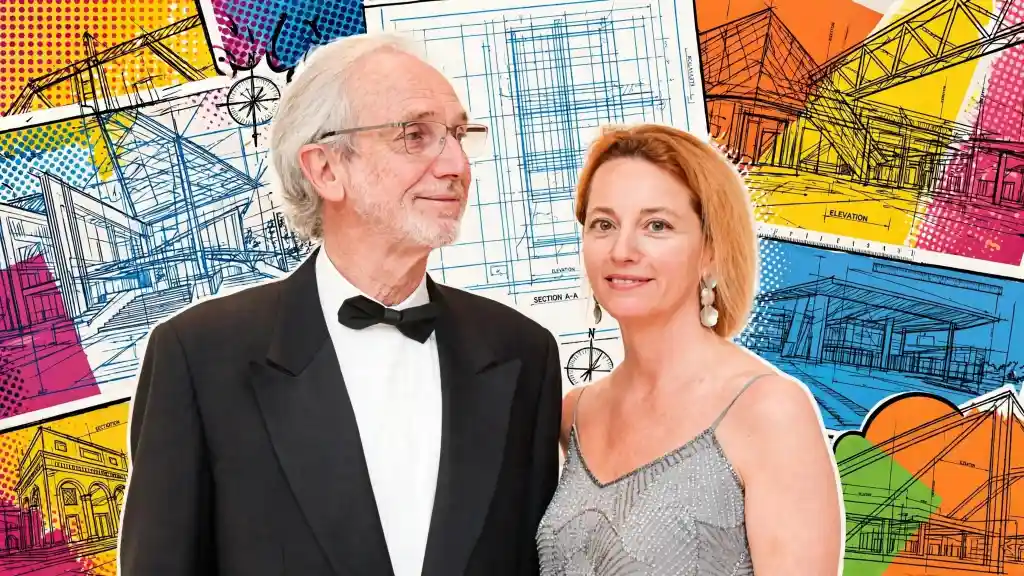 Emilia Rossato Milly e Renzo Piano sfondo pop art architettura 16 9 Emilia Rossato Milly e Renzo Piano coppia elegante con sfondo pop art architettura contemporanea