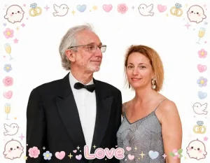 Emilia Rossato e Renzo Piano in abito da sera su sfondo bianco con cornice kawaii Love