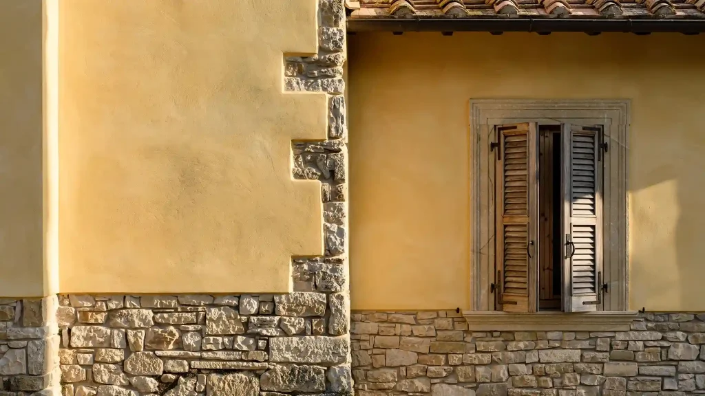 Come bilanciare casa gialla con pietra a vista - dettaglio tecnico Corretto equilibrio architettonico casa gialla con pietra a vista dettaglio transizione materiali