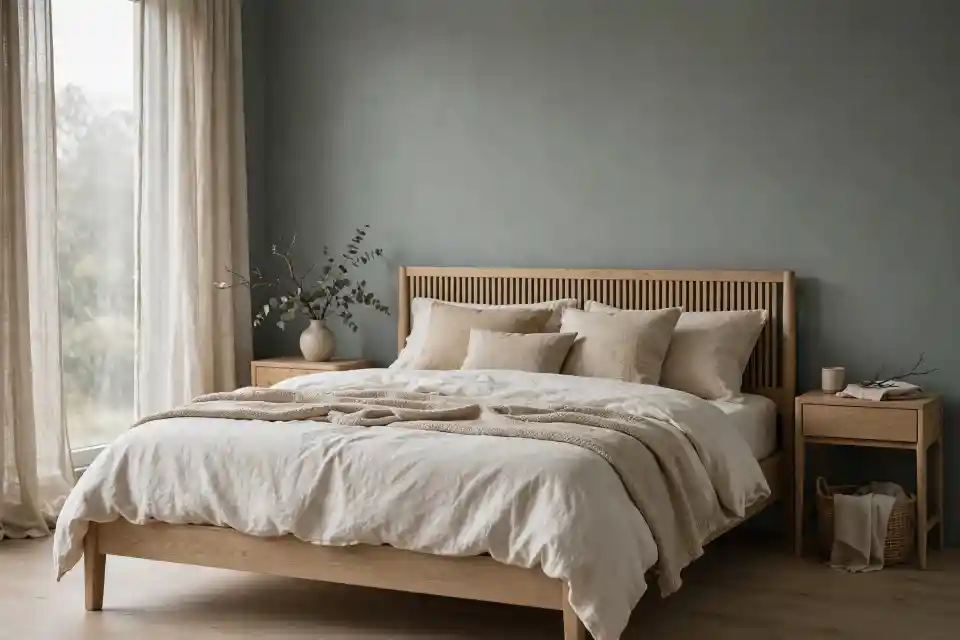Minimal Japandi Bedroom - Neutral Calm Sanctuary Minimal Japandi bedroom with light wooden bed, white linen bedding, beige pillows, sage gray wall, sheer curtains and eucalyptus vase