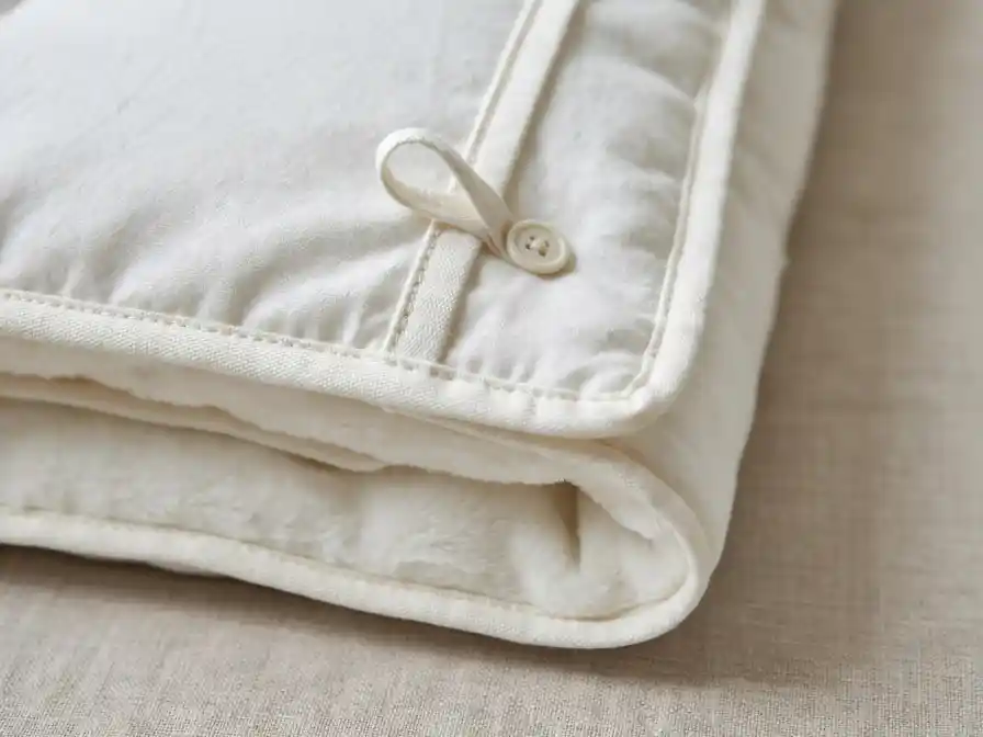 Dettaglio sartoriale piumino letto artigianale - finiture e qualità Dettaglio macro artigianale di piumino letto avorio piegato con bordino in cotone, cucitura perimetrale precisa e chiusura con asola e bottone