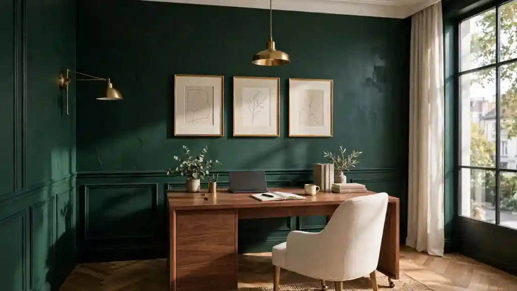 Dark Green Home Office - Elegant Brass and Wood Elegant dark green home office with wooden desk, white bouclé chair, brass pendant and wall lights, three framed art prints, wainscoting and large window
