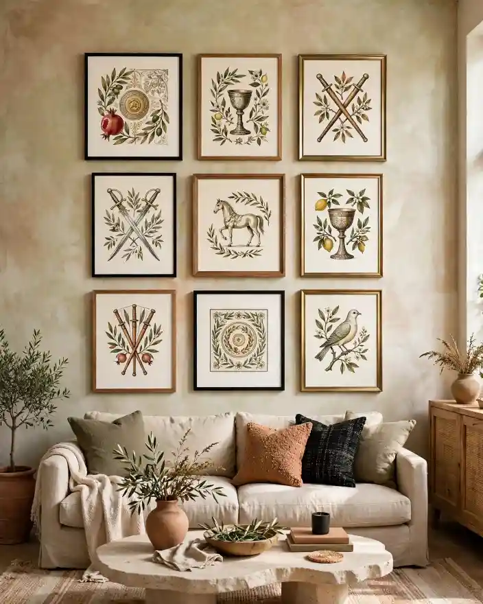Gallery wall di nove stampe per carte e tarocchi nell'arredamento del soggiorno Soggiorno contemporaneo italiano con grande gallery wall di nove stampe artistiche ispirate a carte napoletane e tarocchi in cornici nere legno e ottone, disposte sopra divano in lino beige con cuscini terracotta e verde oliva, idea d'autore per carte e tarocchi nell'arredamento