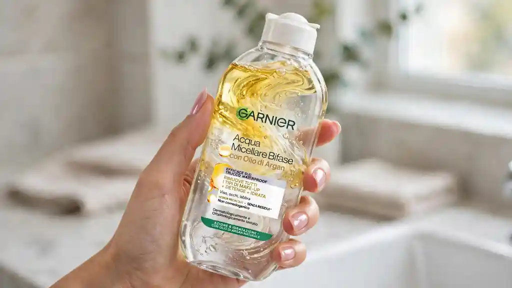 Acqua micellare bifasica con Olio di Argan in azione Acqua micellare bifasica Garnier con Olio di Argan agitata, fasi oro che si mescolano per trucco waterproof