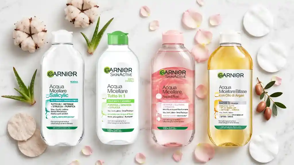 Guida all'acqua micellare Garnier per ogni tipo di pelle Le 4 acque micellari Garnier per ogni tipo di pelle - Salicylic, Tutto in 1, Acqua di Rose e Bifase Argan