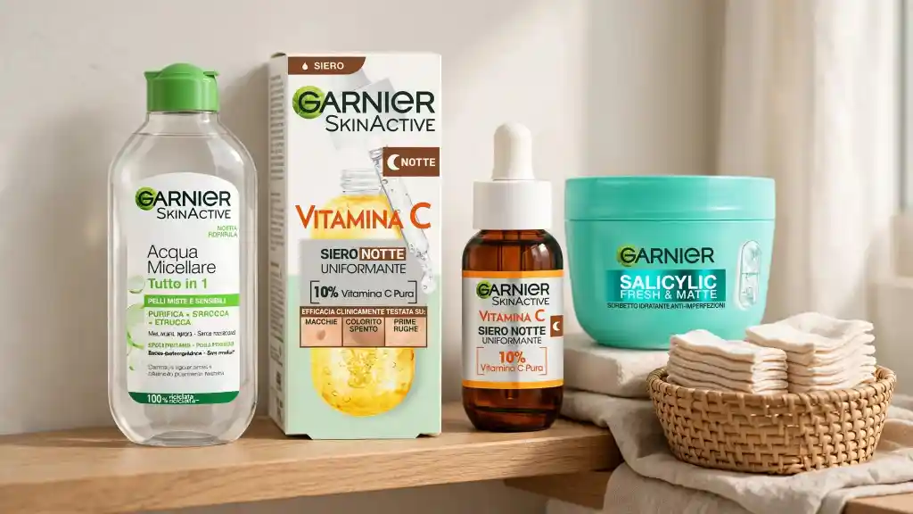 La routine essenziale con 3 prodotti Garnier Routine minimalista 3 prodotti Garnier - acqua micellare, siero Vitamina C notte e crema Salicylic su mensola legno con dischetti lavabili