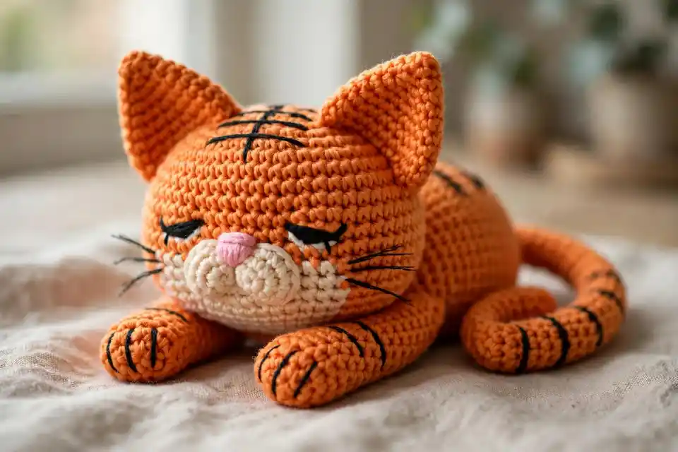 Gatto amigurumi all'uncinetto arancione - modello finito Gatto amigurumi all'uncinetto arancione sdraiato con espressione buffa e assonnata